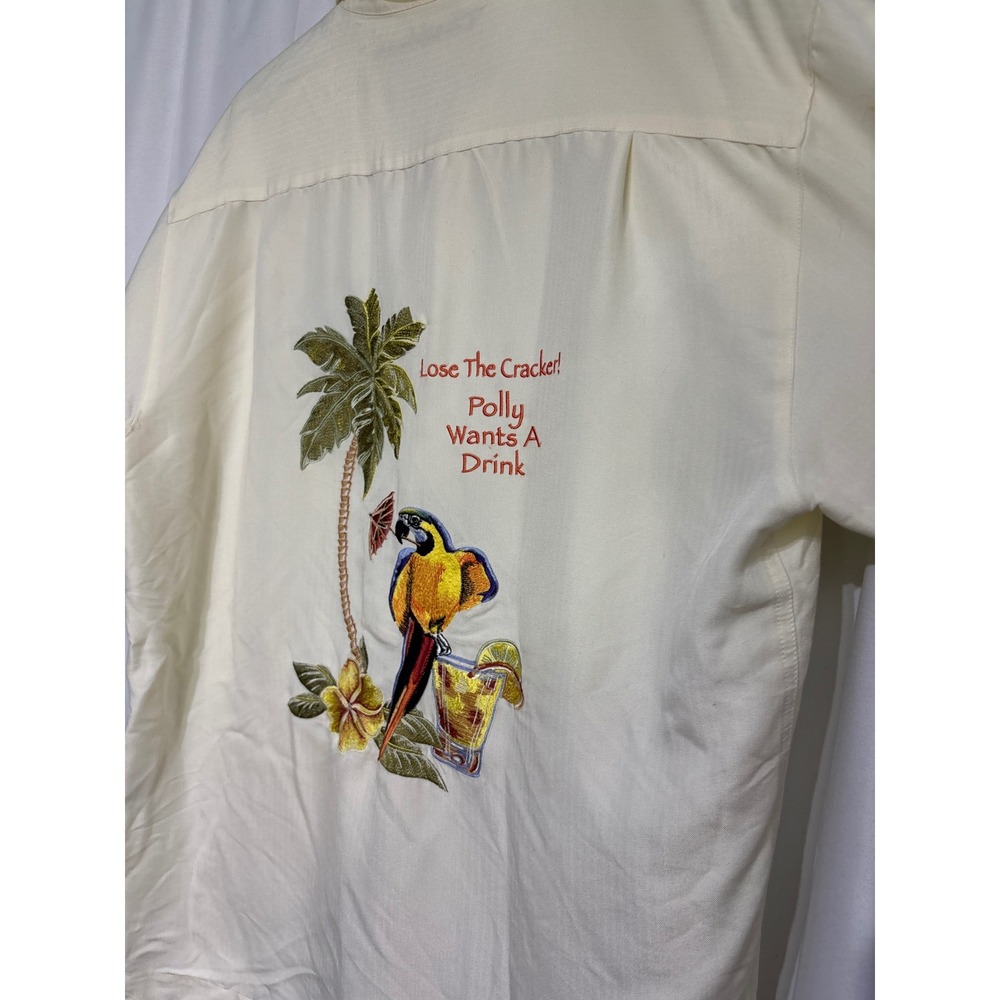 Caribbean Joe Mens Cream Parrot Tropical‎ Button Up Shirt Size M Embroider